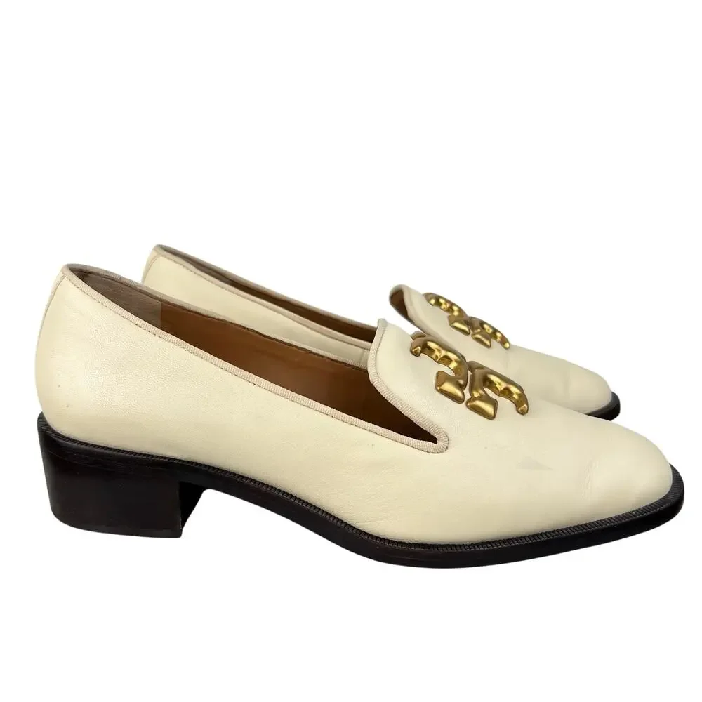 Tory Burch Eleanor Logo Block Heeled Shoes Ivory Leather Slip In Loafer (Sz 8.5)